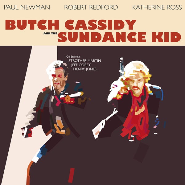 Butch Cassidy and the Sundance Kid Paul Newman Robert Redford:) bold and striking flat colour artwork by Nick Oliver
