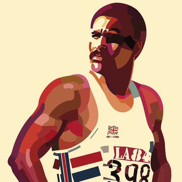 Daley Thompson:) bold and striking flat colour artwork by Nick Oliver