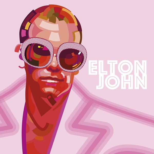 Elton John 1973:) bold and striking flat colour artwork by Nick Oliver
