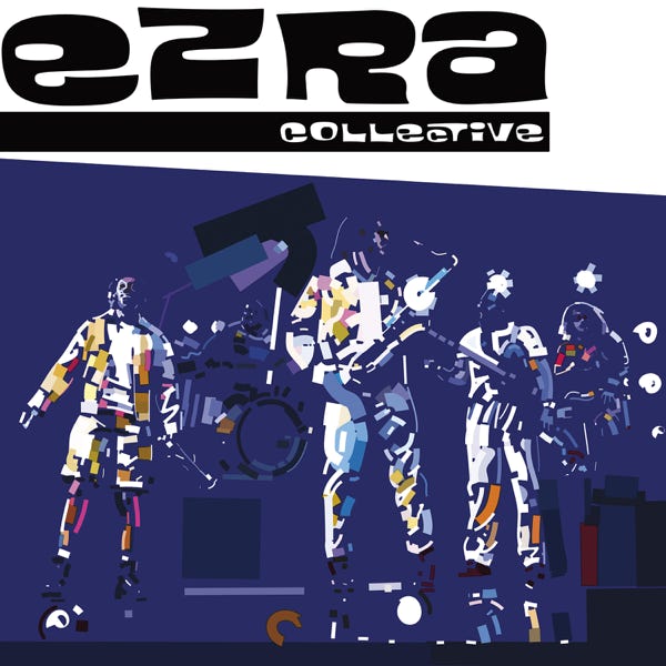 Ezra Collective Murcury Prize Winners 2023:) bold and striking flat colour artwork by Nick Oliver